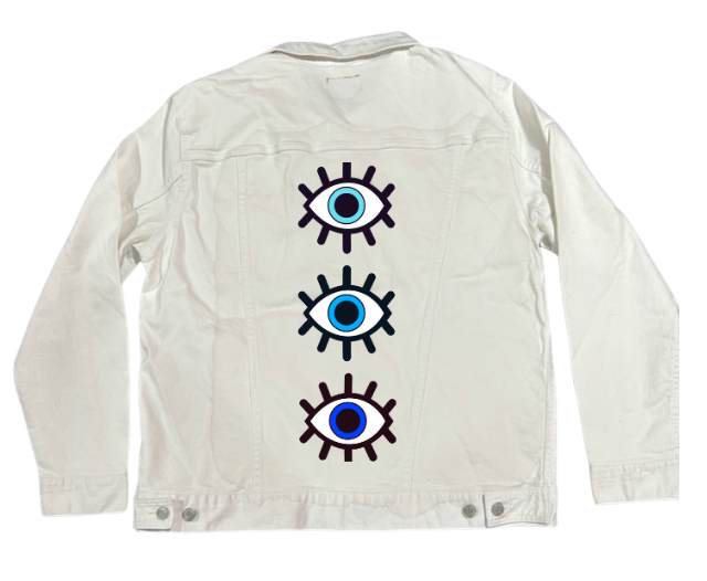 EYES ON YOU by HEND SHEHATA, digitally printed on DENIM products: throw pillows, aprons, table place mats, and hand-made Unisex Denim Jackets in 3 color choices