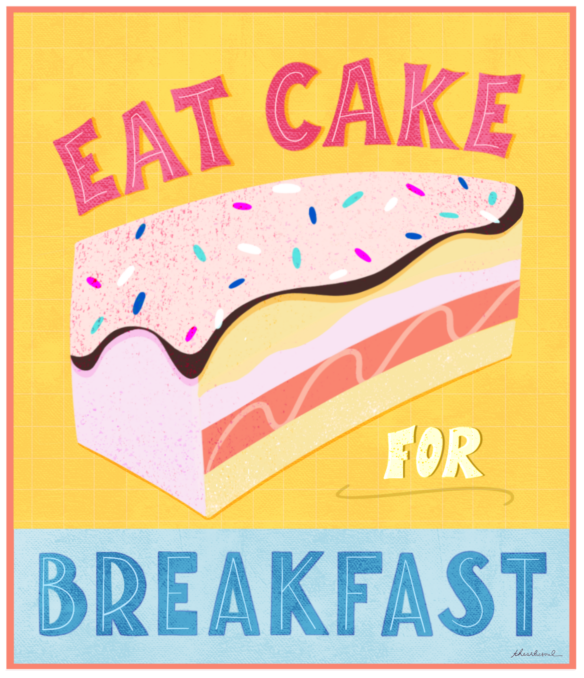EAT CAKE FOR BREAKFAST by thearticsoul, digitally printed on DENIM products: throw pillows, aprons, table place mats, and hand-made Unisex Denim Jackets in 3 color choices