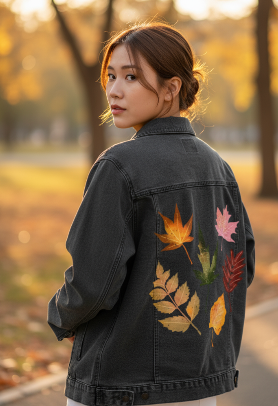 FALL LEAVES by thearticsoul, digitally printed on DENIM products: throw pillows, aprons, table place mats, and hand-made Unisex Denim Jackets in 3 color choices