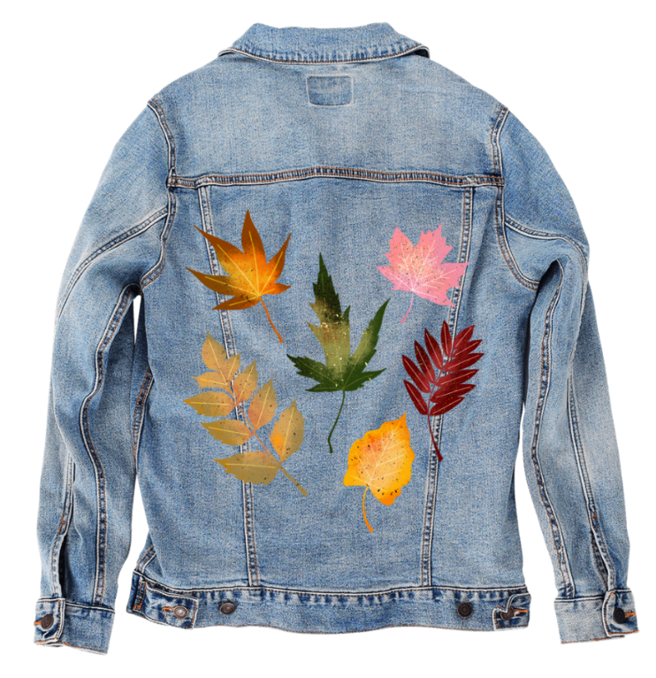 FALL LEAVES by thearticsoul, digitally printed on DENIM products: throw pillows, aprons, table place mats, and hand-made Unisex Denim Jackets in 3 color choices