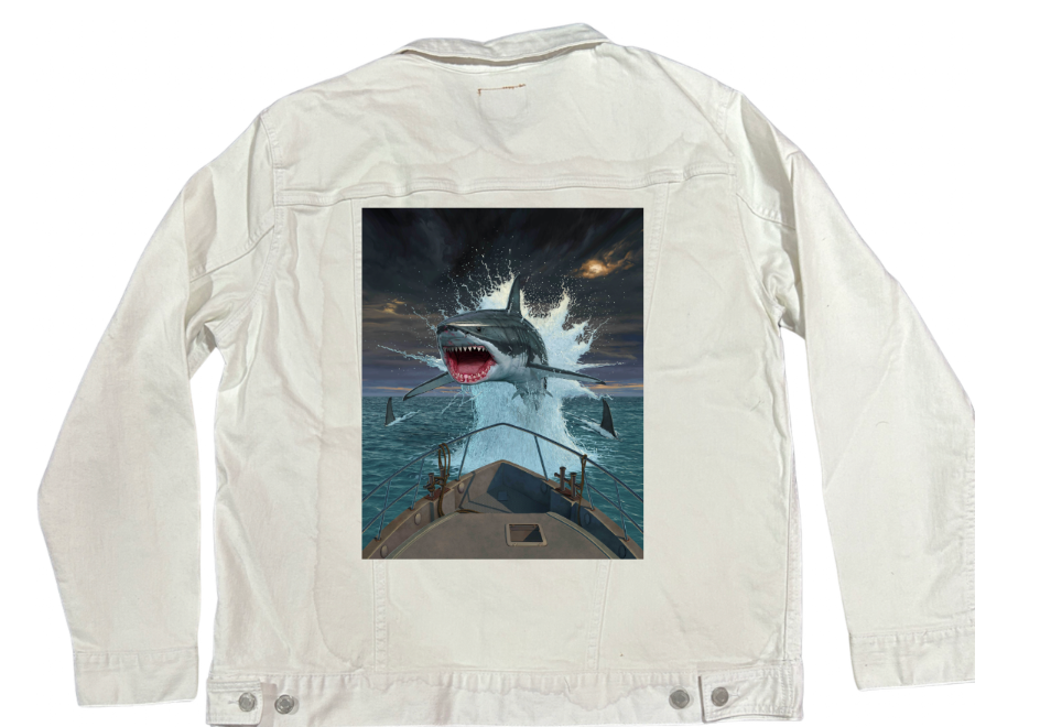 FISH OUT OF WATER by VINCENT HIE, digitally printed on DENIM products: throw pillows, aprons, table place mats, and hand-made Unisex Denim Jackets in 3 color choices