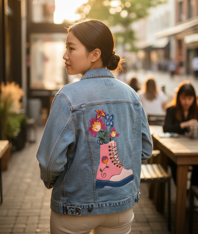 FLORAL BOOTS by thearticsoul, digitally printed on DENIM products: throw pillows, aprons, table place mats, and hand-made Unisex Denim Jackets in 3 color choices