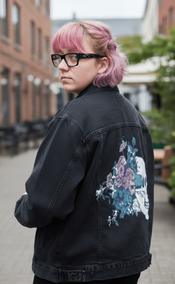 FLORAL SKULL BEAUTY by JESS ADAMS, digitally printed on DENIM products: throw pillows, aprons, table place mats, and hand-made Unisex Denim Jackets in 3 color choices FLORAL SKULL BEAUTY by JESS ADAMS, digitally printed on DENIM products: throw pillows, aprons, table place mats, and hand-made Unisex Denim Jackets in 3 color choices