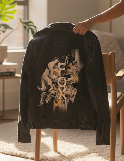 FOX BW GOLD by RAMIR DESIGNS, digitally printed on DENIM products: throw pillows, aprons, table place mats, and hand-made Unisex Denim Jackets in 3 color choices