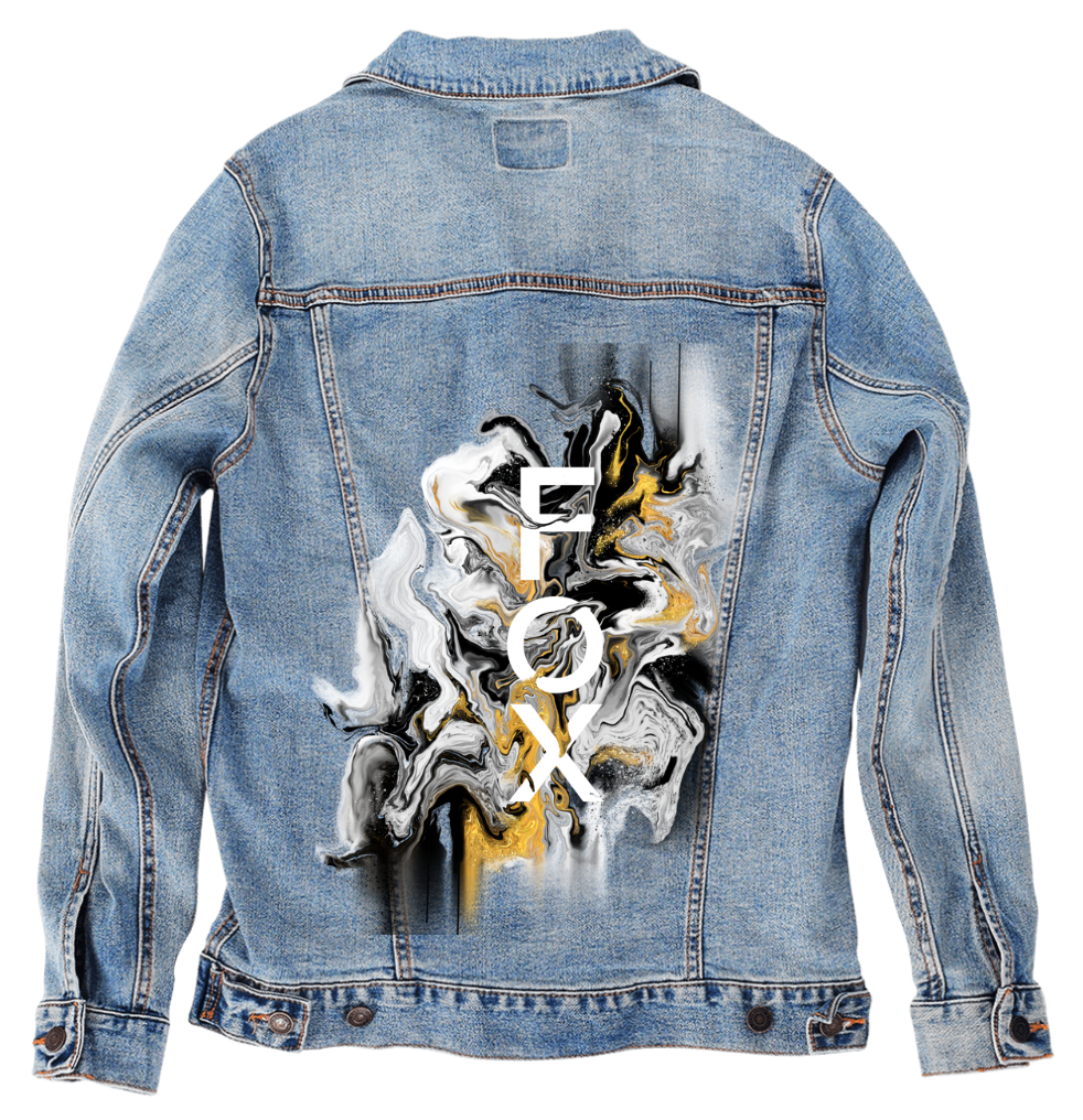 FOX BW GOLD by RAMIR DESIGNS, digitally printed on DENIM products: throw pillows, aprons, table place mats, and hand-made Unisex Denim Jackets in 3 color choices