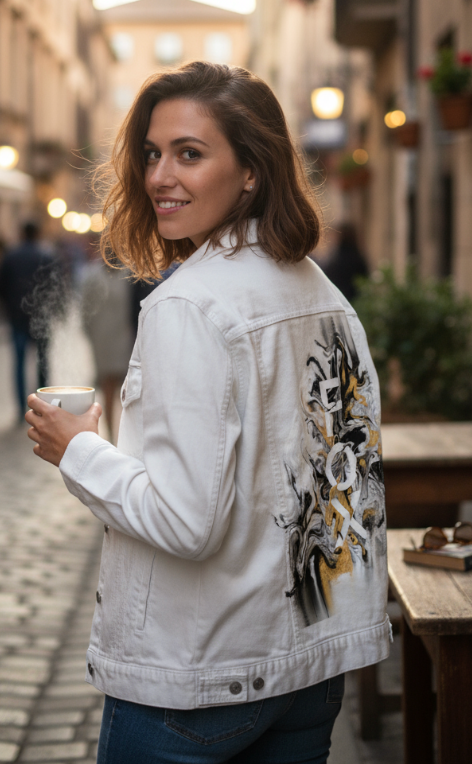 FOX BW GOLD by RAMIR DESIGNS, digitally printed on DENIM products: throw pillows, aprons, table place mats, and hand-made Unisex Denim Jackets in 3 color choices