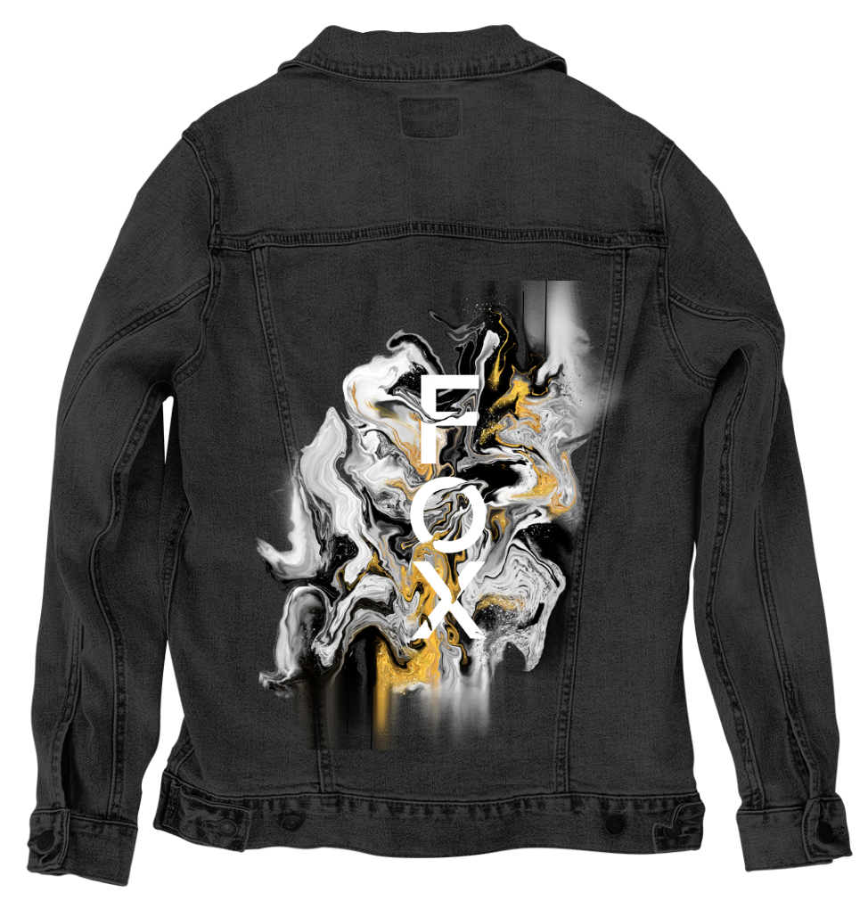 FOX BW GOLD by RAMIR DESIGNS, digitally printed on DENIM products: throw pillows, aprons, table place mats, and hand-made Unisex Denim Jackets in 3 color choices