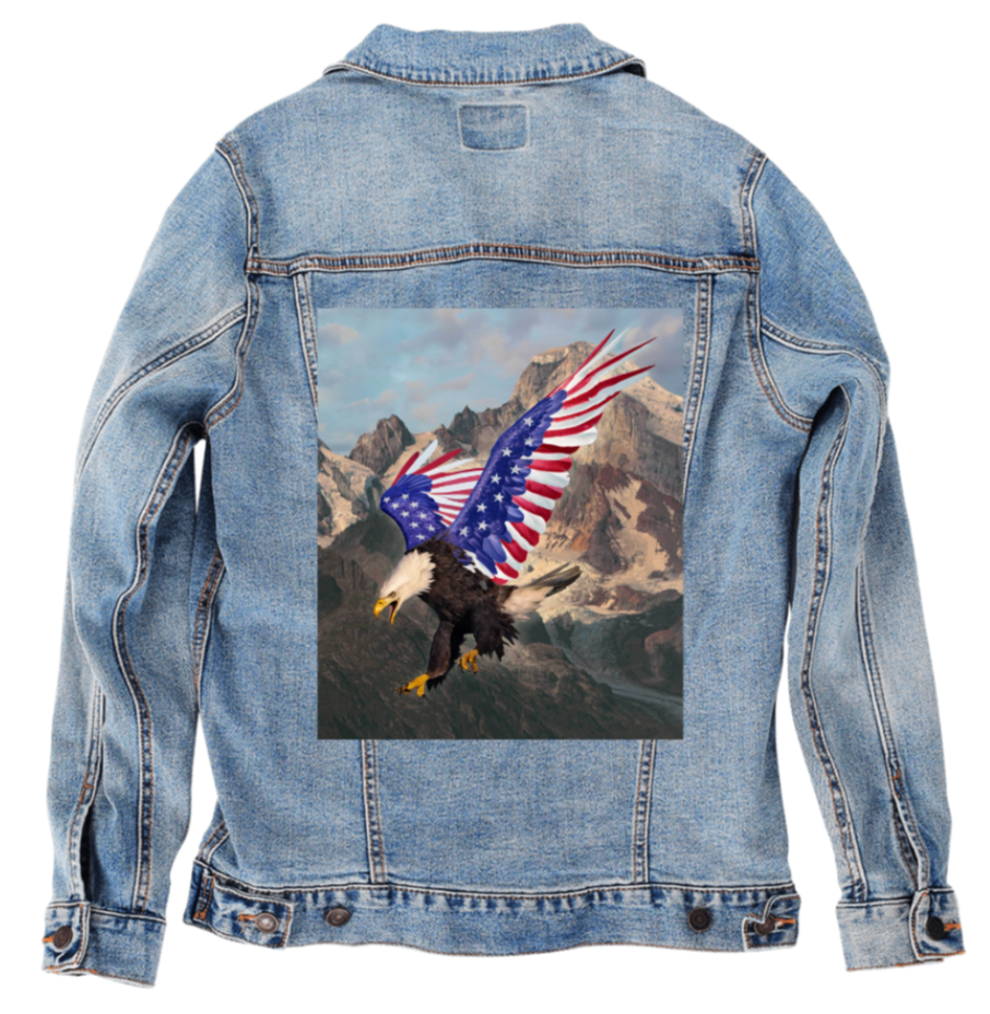 FREE FROM FEAR by VINCENT HIE, digitally printed on DENIM products: throw pillows, aprons, table place mats, and hand-made Unisex Denim Jackets in 3 color choices