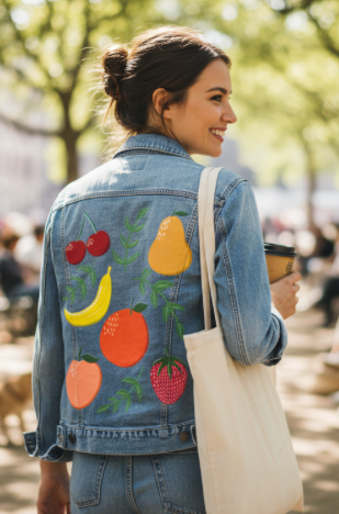 FRUIT GARDEN by HEND SHEHATA, digitally printed on DENIM products: throw pillows, aprons, table place mats, and hand-made Unisex Denim Jackets in 3 color choices