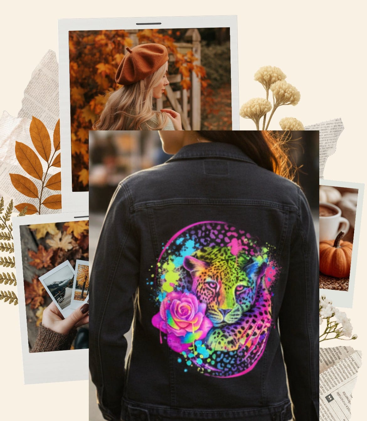 NEON RAINBOW LEOPARD2 by SHEENA PIKE, digitally printed on black DENIM jacket that is sitting on a chair