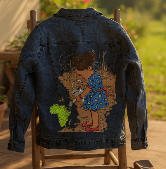 GIRL WATERING, by THE NYGERIANS, digitally printed on DENIM products: throw pillows, aprons, table place mats, and hand-made Unisex Denim Jackets in 3 color choices