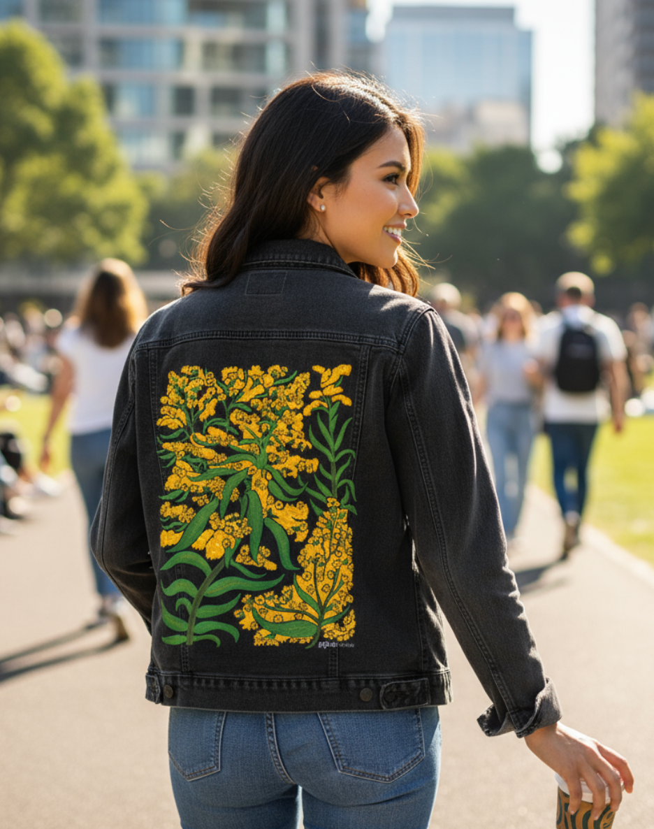 GOLDENROD by KITSCH AND CURATE, digitally printed on DENIM products: throw pillows, aprons, table place mats, and hand-made Unisex Denim Jackets in 3 color choices