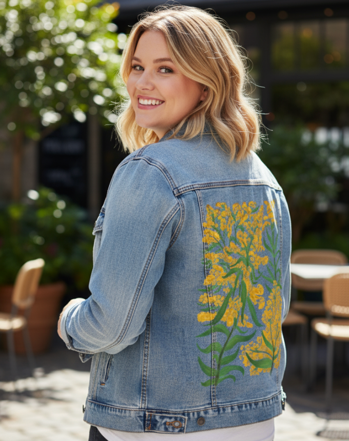 GOLDENROD by KITSCH AND CURATE, digitally printed on DENIM products: throw pillows, aprons, table place mats, and hand-made Unisex Denim Jackets in 3 color choices