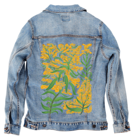 GOLDENROD by KITSCH AND CURATE, digitally printed on DENIM products: throw pillows, aprons, table place mats, and hand-made Unisex Denim Jackets in 3 color choices