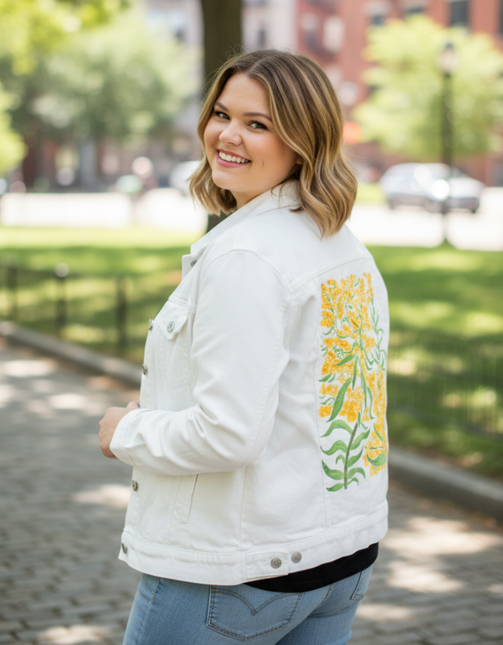 GOLDENROD by KITSCH AND CURATE, digitally printed on a hand-made Unisex Denim Jacket