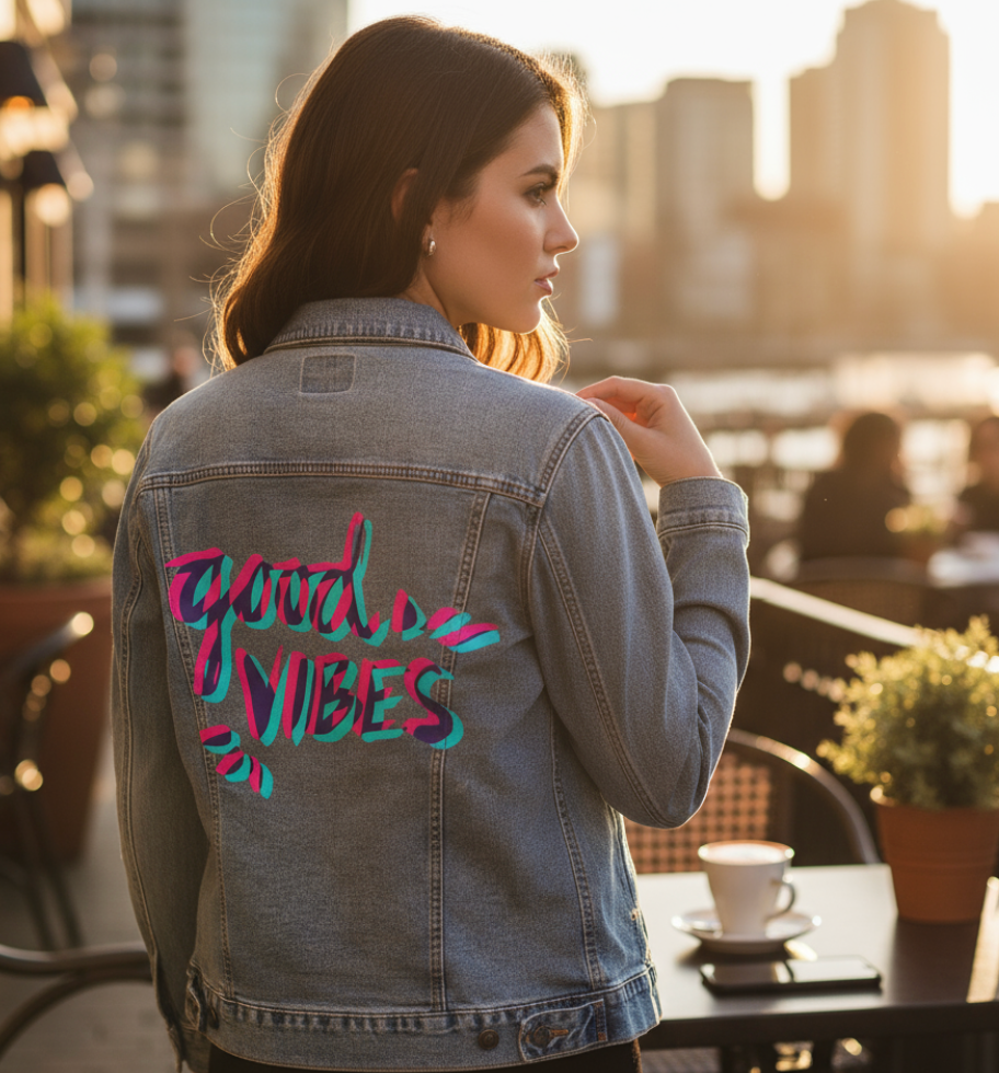 GOOD VIBES by CatCoq, digitally printed on DENIM products: throw pillows, aprons, table place mats, and hand-made Unisex Denim Jackets in 3 color choices