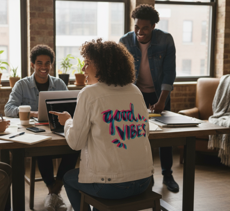 GOOD VIBES by CatCoq, digitally printed on DENIM products: throw pillows, aprons, table place mats, and hand-made Unisex Denim Jackets in 3 color choices