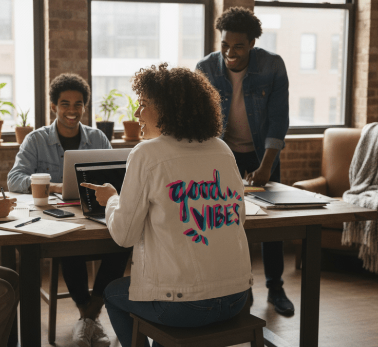 Printed Denim Jacket GOOD VIBES by CatCoq, digitally printed on DENIM products: throw pillows, aprons, table place mats, and hand-made Unisex Denim Jackets in 3 color choices GOOD VIBES by CatCoq, digitally printed on DENIM products: throw pillows, aprons, table place mats, and hand-made Unisex Denim Jackets in 3 color choices