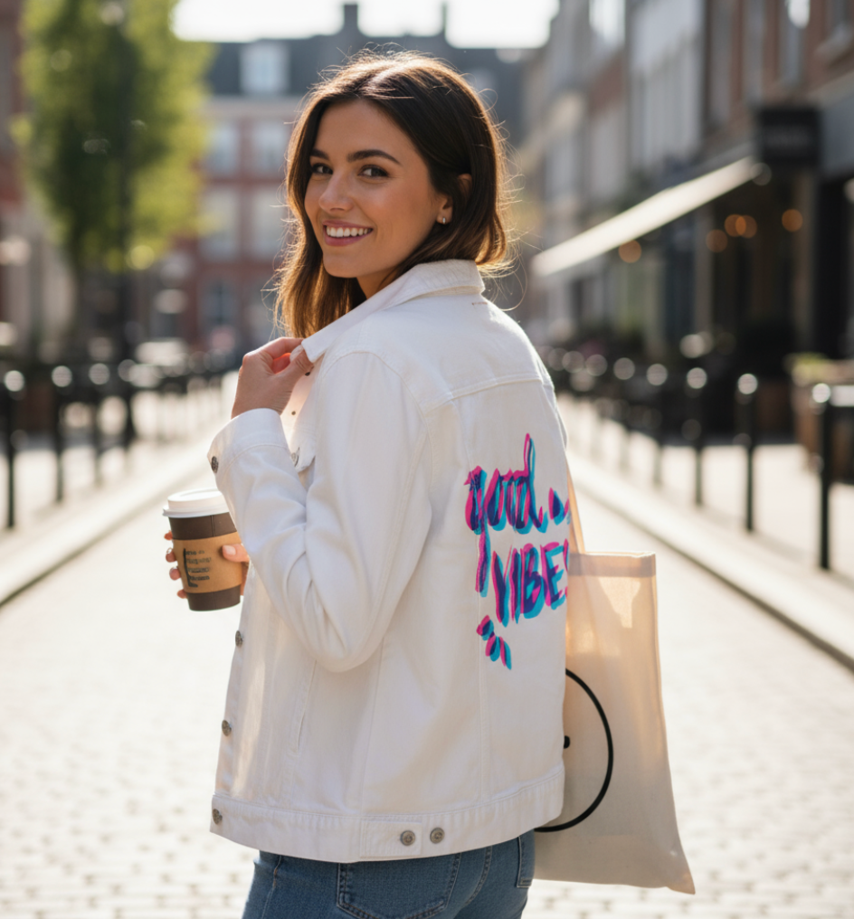 GOOD VIBES by CatCoq, digitally printed on DENIM products: throw pillows, aprons, table place mats, and hand-made Unisex Denim Jackets in 3 color choices