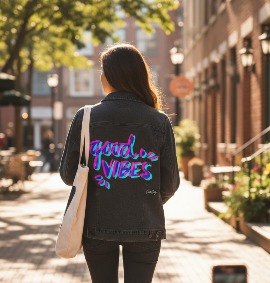 GOOD VIBES by CatCoq, digitally printed on DENIM products: throw pillows, aprons, table place mats, and hand-made Unisex Denim Jackets in 3 color choices