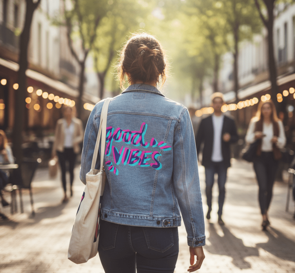 Printed Denim Jacket GOOD VIBES by CatCoq, digitally printed on DENIM products: throw pillows, aprons, table place mats, and hand-made Unisex Denim Jackets in 3 color choices GOOD VIBES by CatCoq, digitally printed on DENIM products: throw pillows, aprons, table place mats, and hand-made Unisex Denim Jackets in 3 color choices