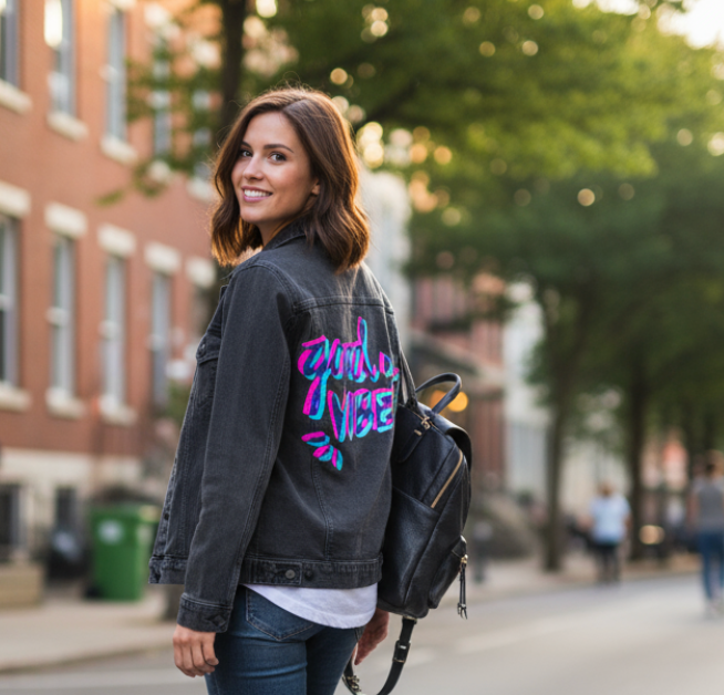 GOOD VIBES by CatCoq, digitally printed on DENIM products: throw pillows, aprons, table place mats, and hand-made Unisex Denim Jackets in 3 color choices