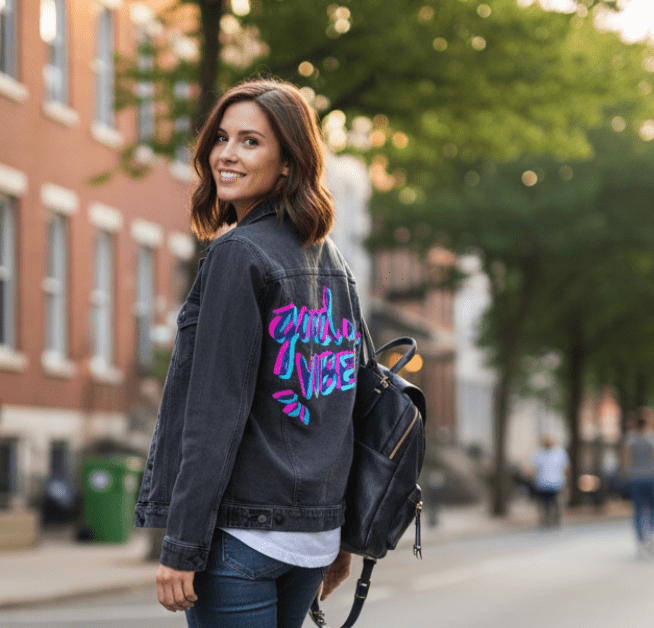 Printed Denim Jacket GOOD VIBES by CatCoq, digitally printed on DENIM products: throw pillows, aprons, table place mats, and hand-made Unisex Denim Jackets in 3 color choices GOOD VIBES by CatCoq, digitally printed on DENIM products: throw pillows, aprons, table place mats, and hand-made Unisex Denim Jackets in 3 color choices