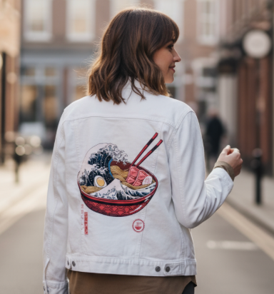 GREAT RAMEN WAVE by VINCENT TRINID, digitally printed on DENIM products: throw pillows, aprons, table place mats, and hand-made Unisex Denim Jackets in 3 color choices