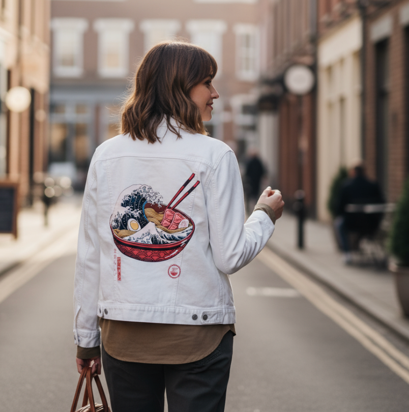 GREAT RAMEN WAVE by VINCENT TRINID, digitally printed on DENIM products: throw pillows, aprons, table place mats, and hand-made Unisex Denim Jackets in 3 color choices