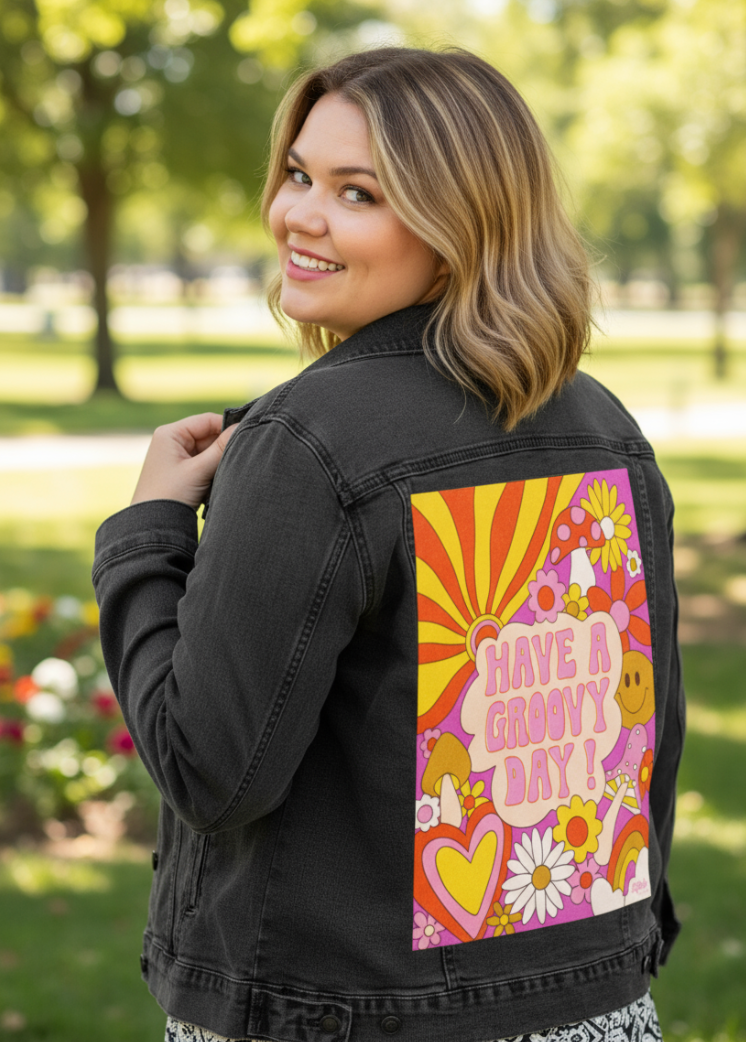GROOVY DAY PINK by KITSCH AND CURATE, digitally printed on a hand-made Unisex Denim Jacket