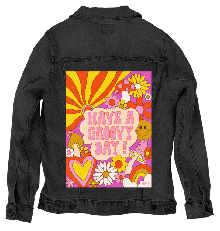 GROOVY DAY PINK by KITSCH AND CURATE, digitally printed on a hand-made Unisex Denim Jacket