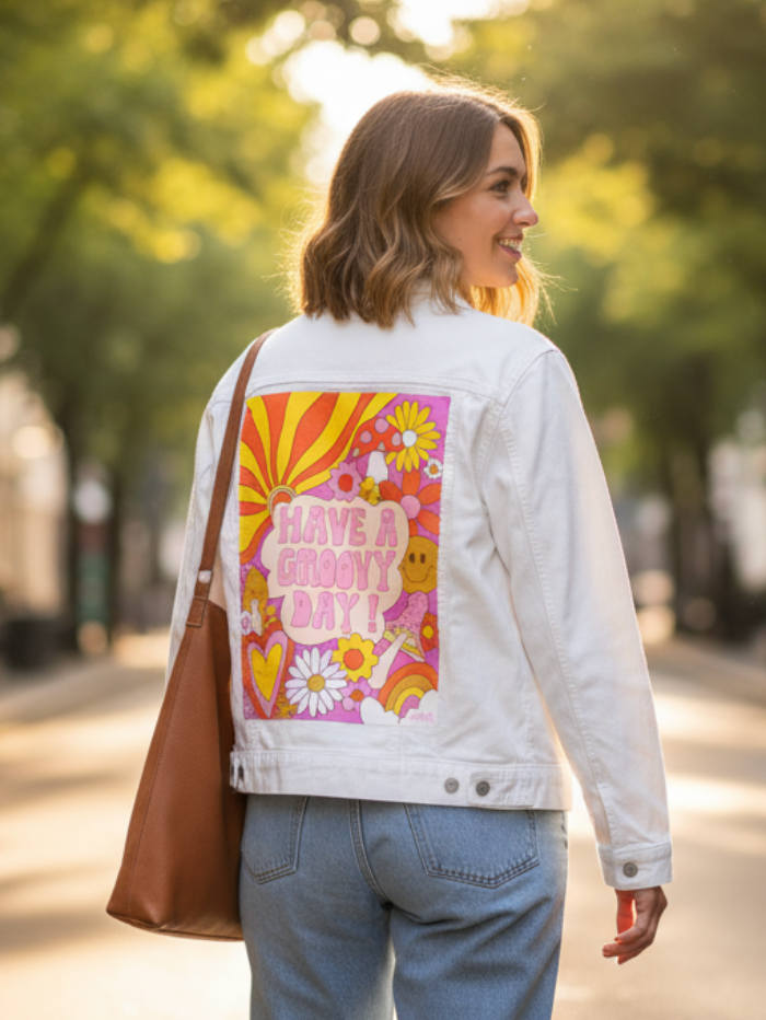 GROOVY DAY PINK by KITSCH AND CURATE, digitally printed on DENIM products: throw pillows, aprons, table place mats, and hand-made Unisex Denim Jackets in 3 color choices
