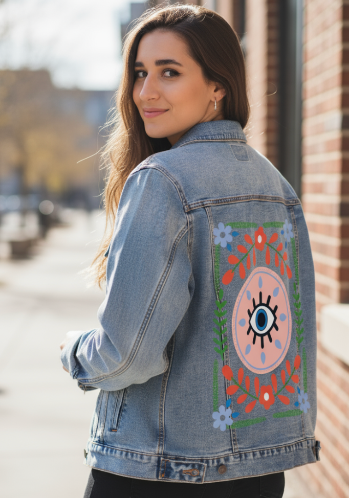 GUARDED by HEND SHEHATA, digitally printed on DENIM products: throw pillows, aprons, table place mats, and hand-made Unisex Denim Jackets in 3 color choices