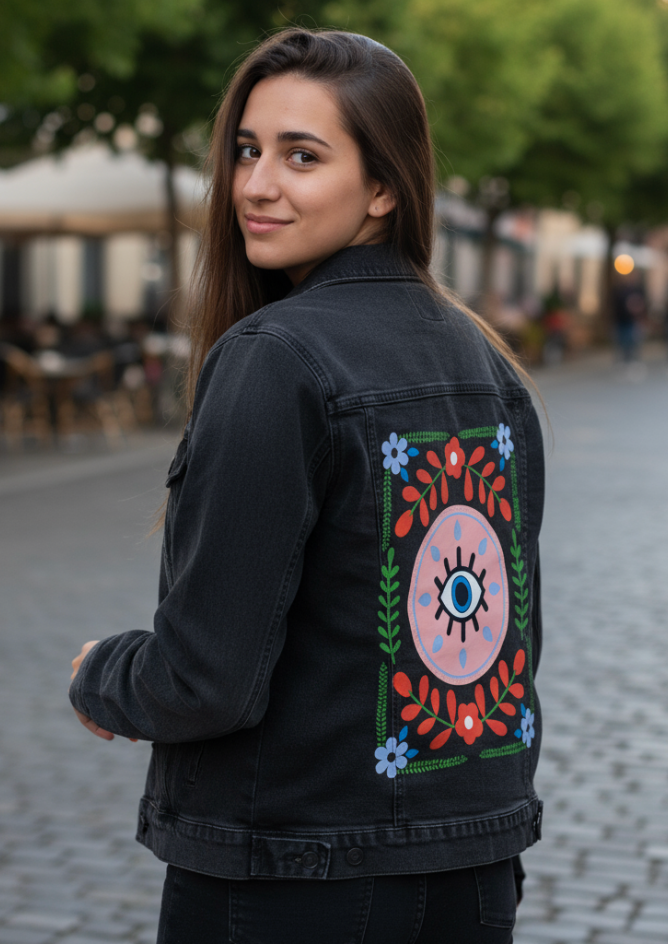 GUARDED by HEND SHEHATA, digitally printed on DENIM products: throw pillows, aprons, table place mats, and hand-made Unisex Denim Jackets in 3 color choices