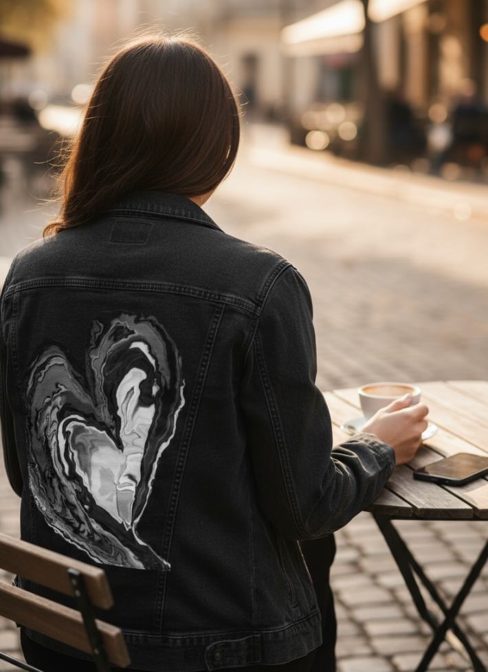 HEART MARBLE by RAMIR DESIGNS, digitally printed on DENIM products: throw pillows, aprons, table place mats, and hand-made Unisex Denim Jackets in 3 color choices