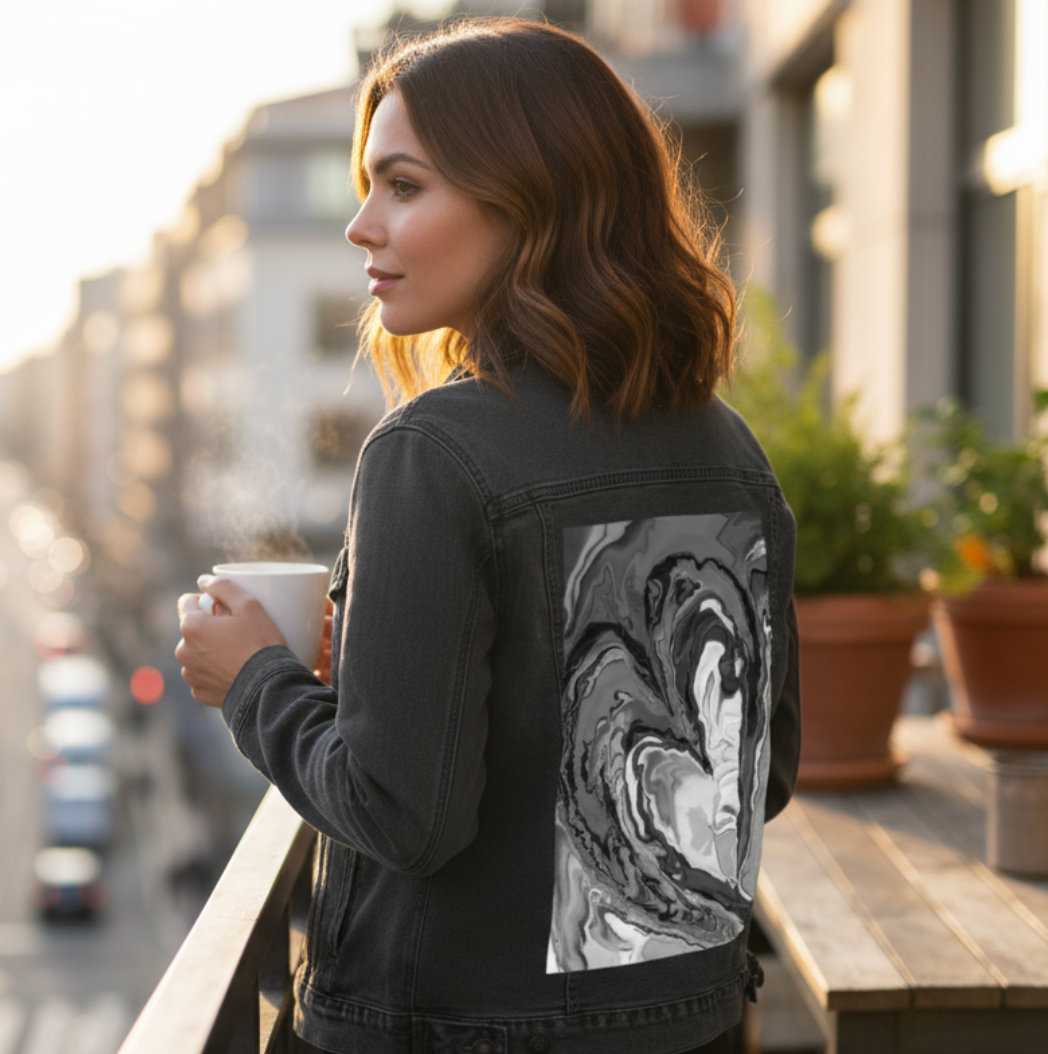 HEART MARBLE B W by RAMIR DESIGNS, digitally printed on a hand-made Unisex Denim Jacket