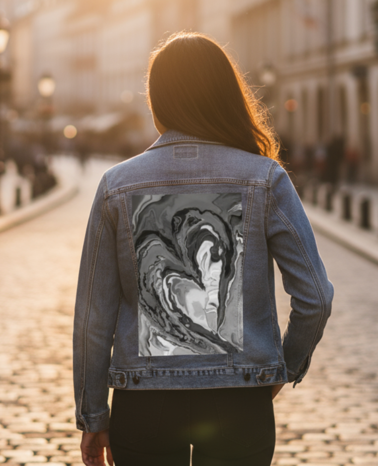 HEART MARBLE B W by RAMIR DESIGNS, digitally printed on a hand-made Unisex Denim Jacket