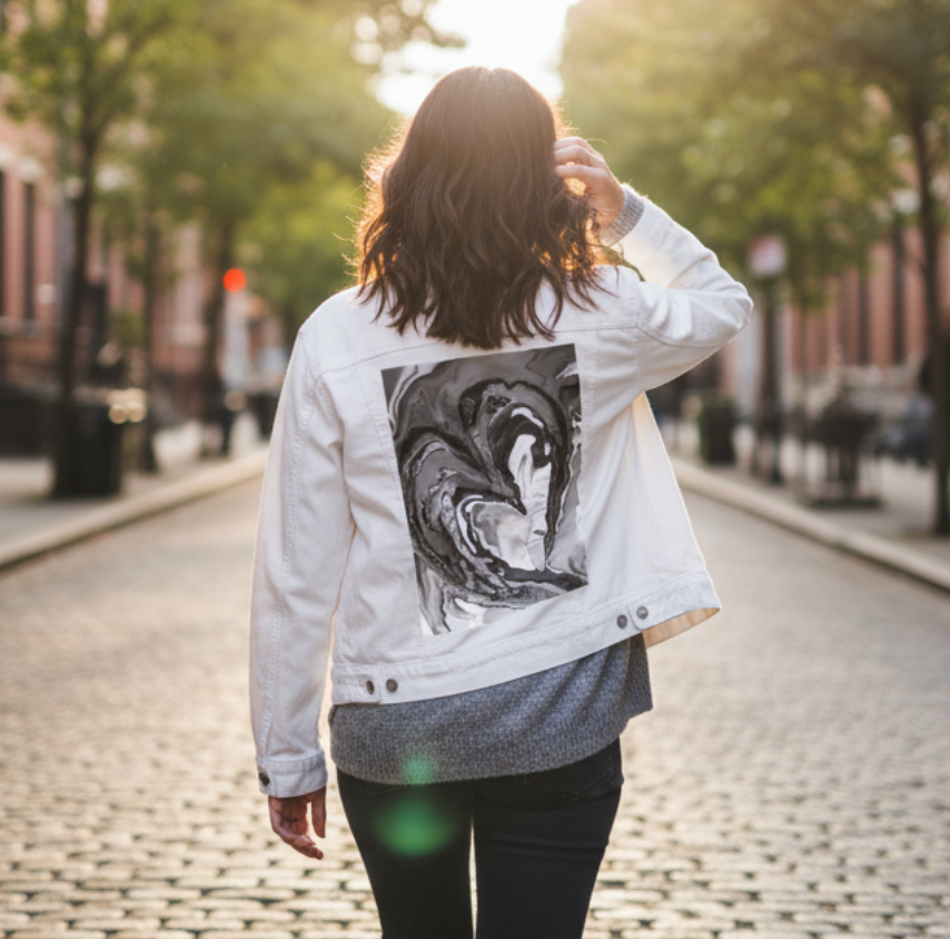 HEART MARBLE B W by RAMIR DESIGNS, digitally printed on a hand-made Unisex Denim Jacket