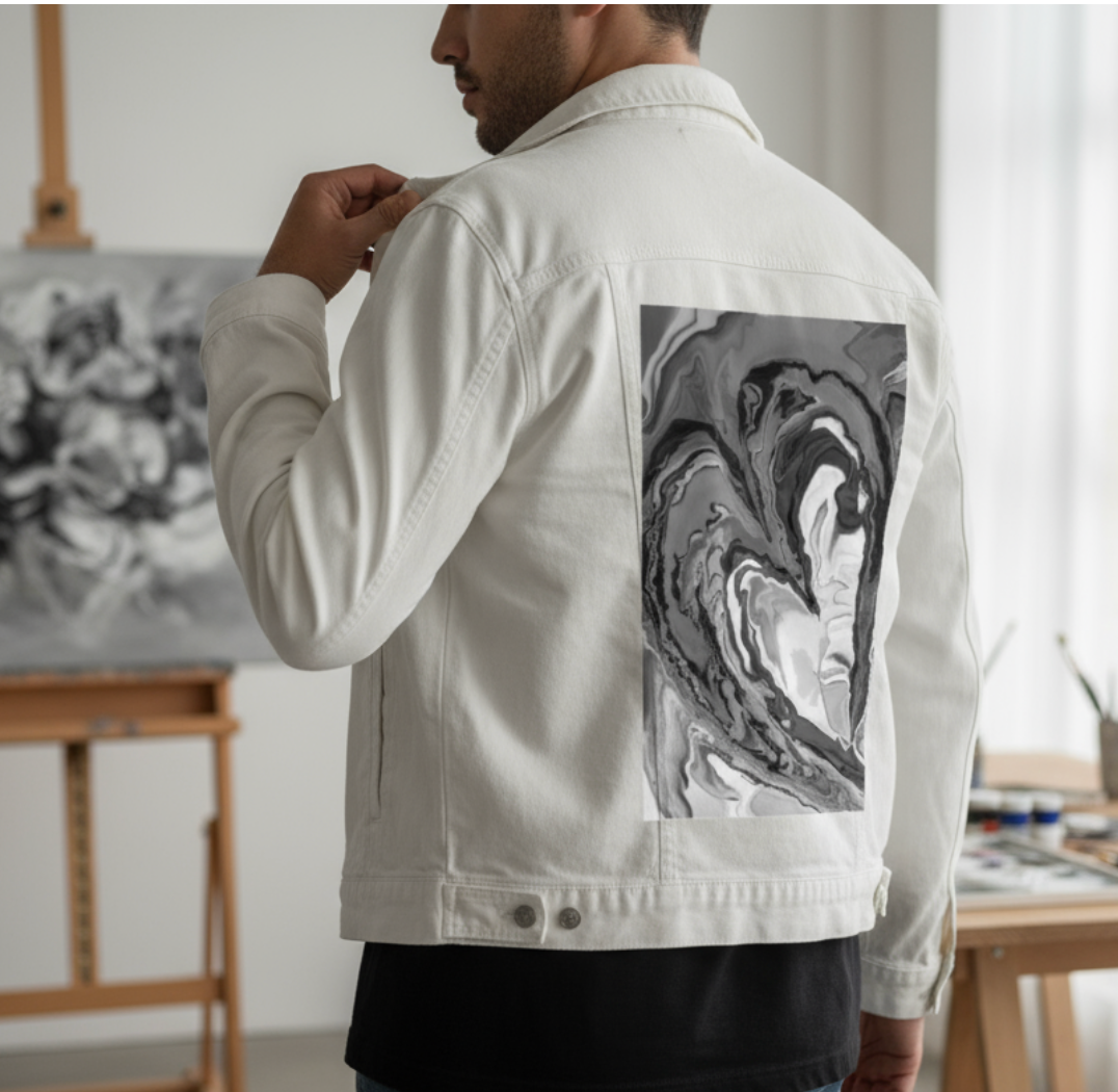 HEART MARBLE B W by RAMIR DESIGNS, digitally printed on a hand-made Unisex Denim Jacket