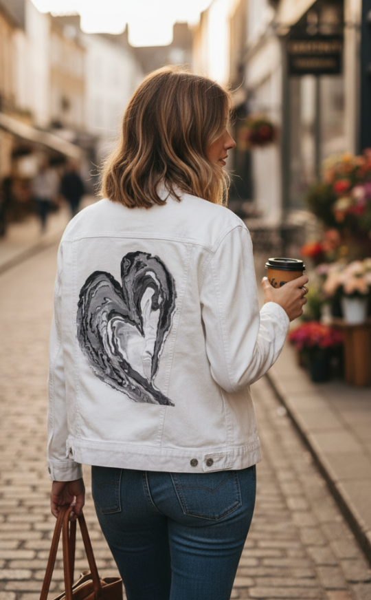 HEART MARBLE by RAMIR DESIGNS, digitally printed on DENIM products: throw pillows, aprons, table place mats, and hand-made Unisex Denim Jackets in 3 color choices
