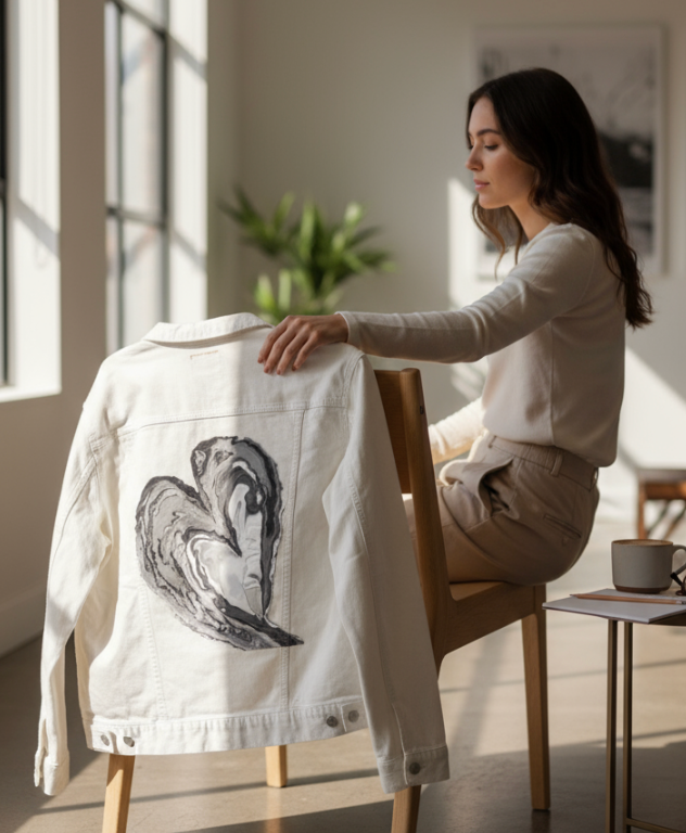 HEART MARBLE by RAMIR DESIGNS, digitally printed on DENIM products: throw pillows, aprons, table place mats, and hand-made Unisex Denim Jackets in 3 color choices