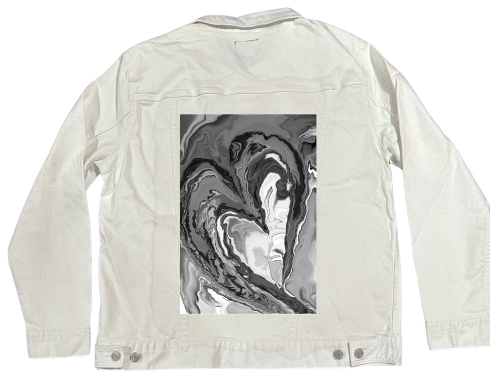 HEART MARBLE by RAMIR DESIGNS, digitally printed on a hand-made Unisex Denim Jacket