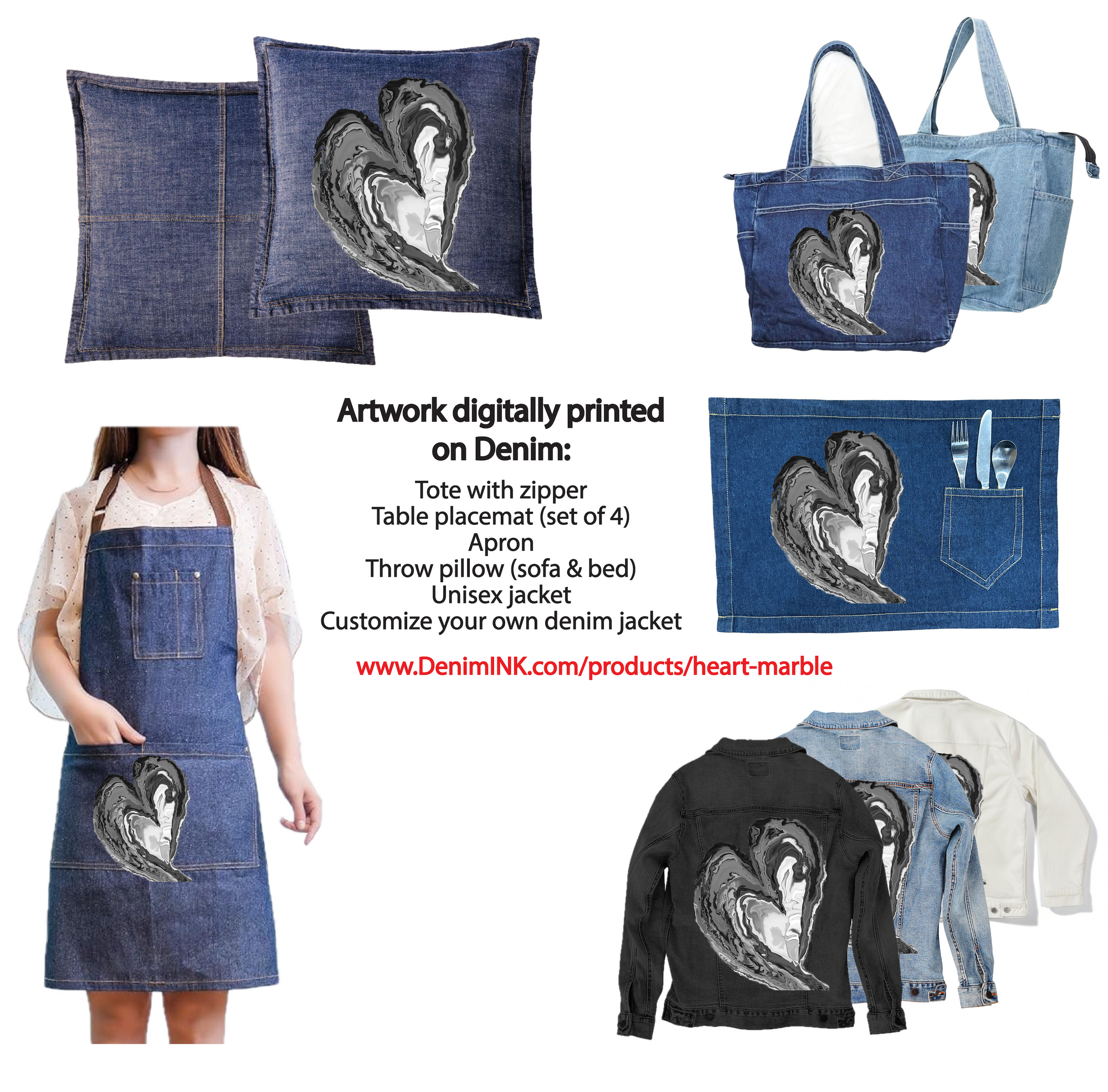 HEART MARBLE by RAMIR DESIGNS, digitally printed on DENIM products: throw pillows, aprons, table place mats, and hand-made Unisex Denim Jackets in 3 color choices