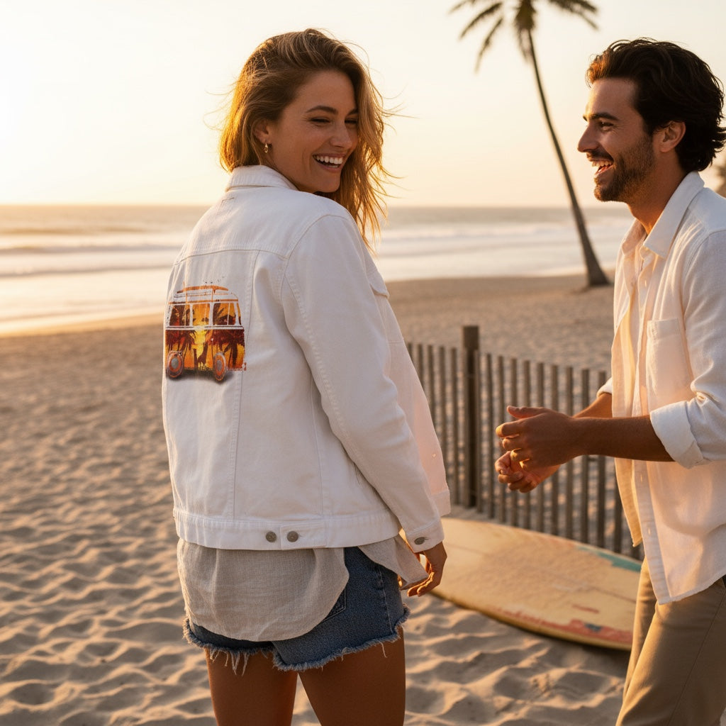 HIT THE ROAD by GRANT SHEPLEY, digitally printed on DENIM products: throw pillows, aprons, table place mats, and hand-made Unisex Denim Jackets in 3 color choices