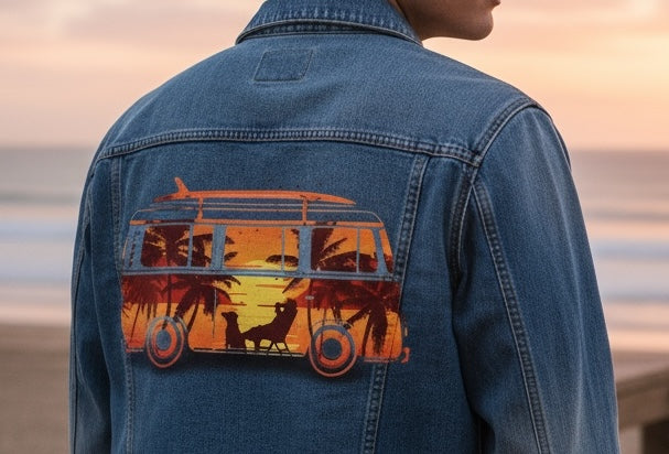 HIT THE ROAD by GRANT SHEPLEY, digitally printed on DENIM products: throw pillows, aprons, table place mats, and hand-made Unisex Denim Jackets in 3 color choices