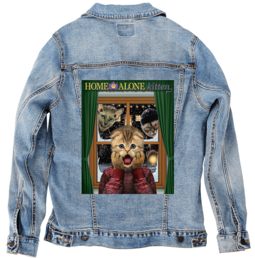 HOME ALONE KITTEN by VINCENT HIE, digitally printed on DENIM products: throw pillows, aprons, table place mats, and hand - made Unisex Denim Jackets in 3 color choices custom denim jacket by DenimINK