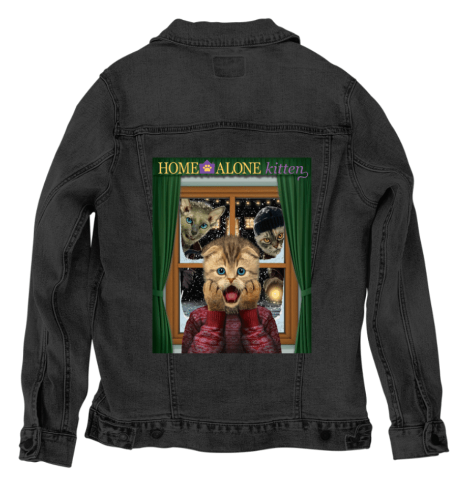 HOME ALONE KITTEN by VINCENT HIE, digitally printed on DENIM products: throw pillows, aprons, table place mats, and hand - made Unisex Denim Jackets in 3 color choices custom denim jacket by DenimINK