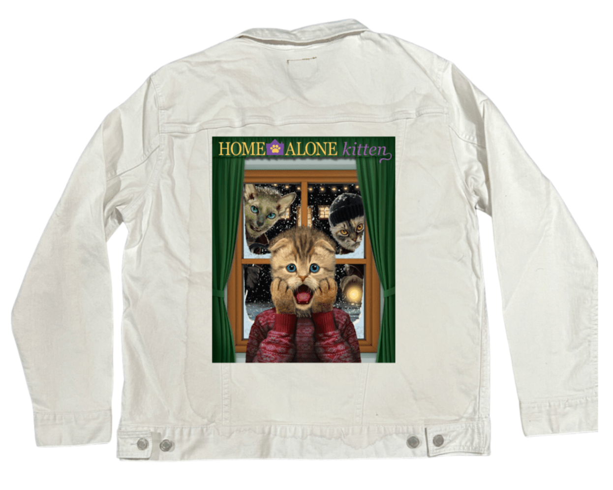 HOME ALONE KITTEN by VINCENT HIE, digitally printed on DENIM products: throw pillows, aprons, table place mats, and hand - made Unisex Denim Jackets in 3 color choices custom denim jacket by DenimINK