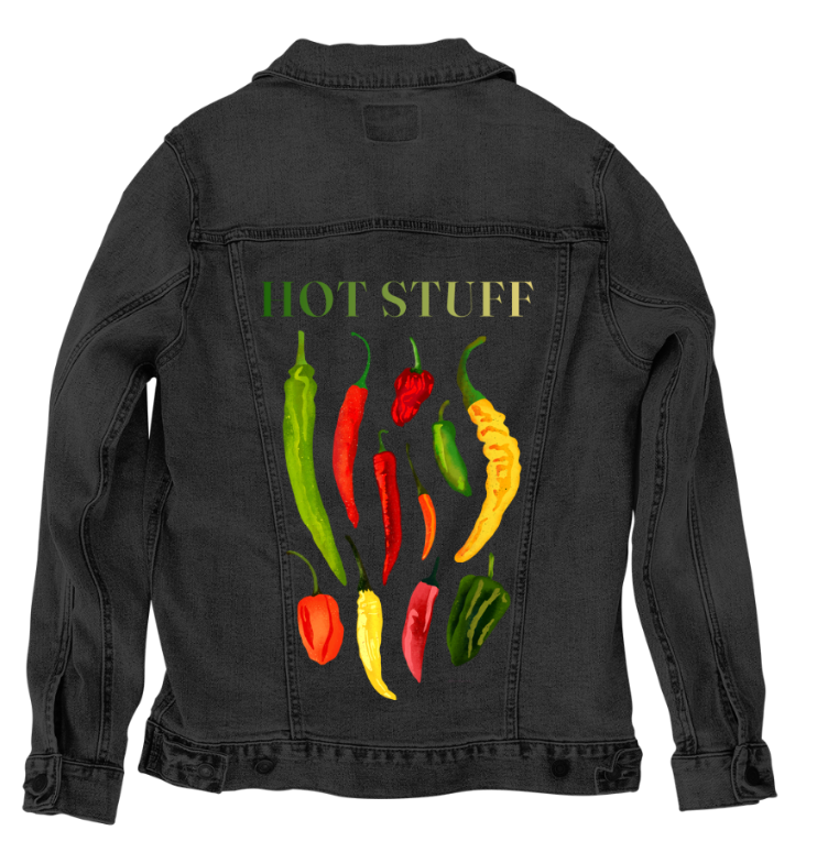 HOT STUFF by thearticsoul, digitally printed on DENIM products: throw pillows, aprons, table place mats, and hand-made Unisex Denim Jackets in 3 color choices