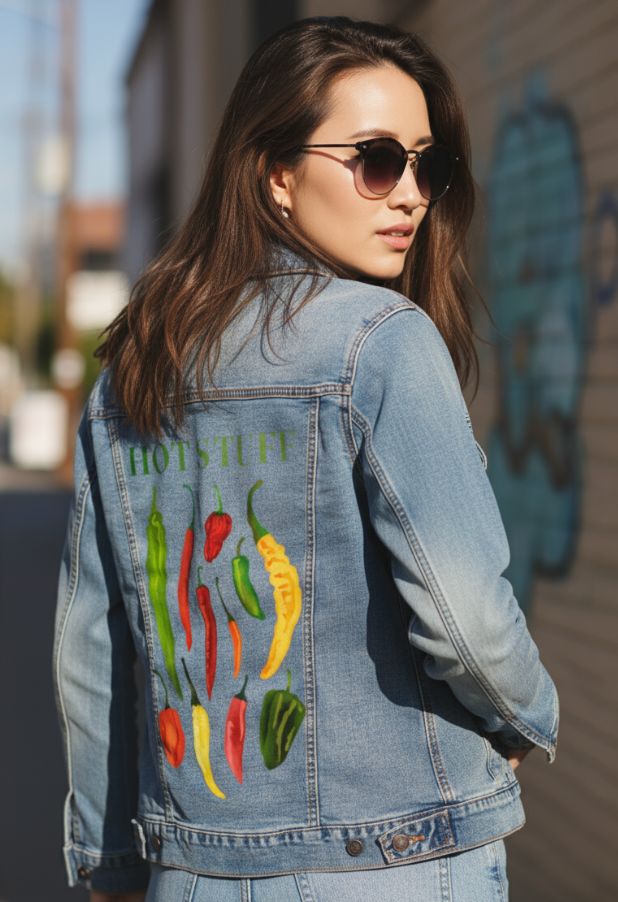 HOT STUFF by thearticsoul, digitally printed on DENIM products: throw pillows, aprons, table place mats, and hand-made Unisex Denim Jackets in 3 color choices